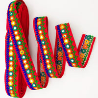 Thumbnail for Red Indian Mirror Trim Kutch Embroidered Navratri Garba Dress Trim Bridal Lace, Sari Border 35 mm Wide Trim Per 3 Yards