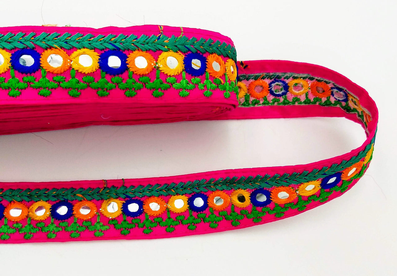 Fuchsia Pink Indian Mirror Trim Kutch Embroidered Navratri Garba Dress Trim Bridal Lace, Sari Border 35 mm Wide Trim Per 3 Yards