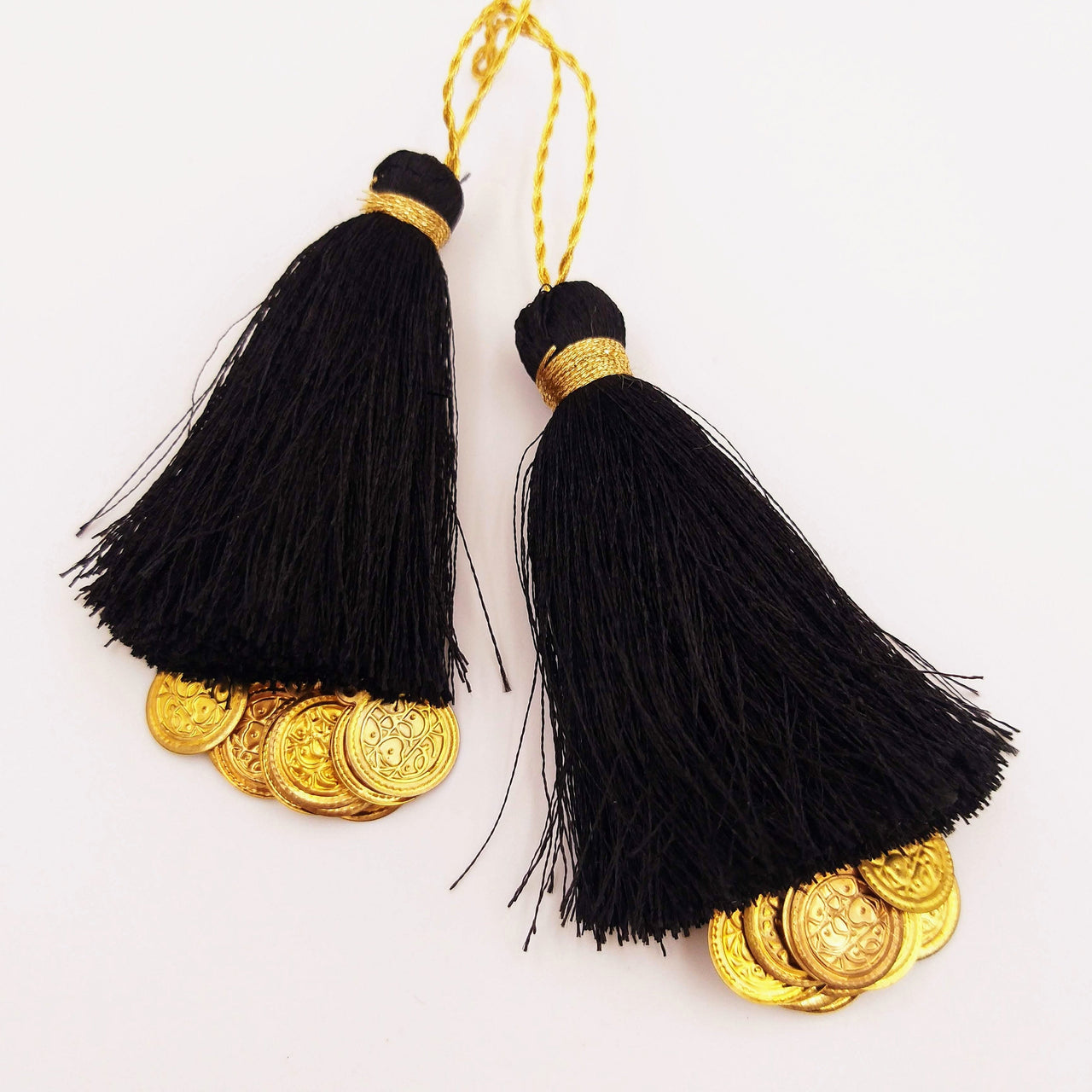 Black Tassels Latkan With Metal Coins, Black Handmade Sewing Latkans, Black And Gold Latkan