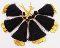 Thumbnail for Black Tassels Latkan With Metal Coins, Black Handmade Sewing Latkans, Black And Gold Latkan