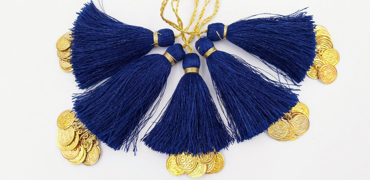 Navy Blue Tassels Latkan With Metal Coins, Indian Latkans, Blue Handmade Sewing Latkans