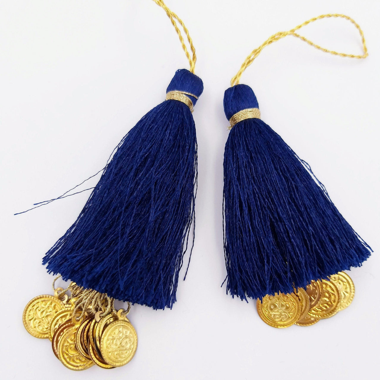 Navy Blue Tassels Latkan With Metal Coins, Indian Latkans, Blue Handmade Sewing Latkans