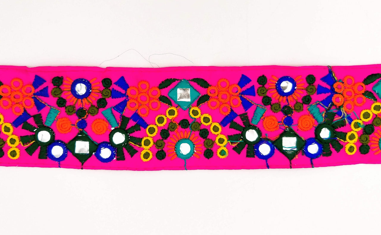 Fuchsia Pink Indian Mirror Trim Floral Embroidered Trim Lace, Sari Border 60 mm Wide, Trim By Yard