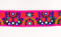 Thumbnail for Fuchsia Pink Indian Mirror Trim Floral Embroidered Trim Lace, Sari Border 60 mm Wide, Trim By Yard