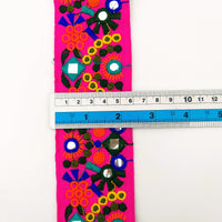 Thumbnail for Fuchsia Pink Indian Mirror Trim Floral Embroidered Trim Lace, Sari Border 60 mm Wide, Trim By Yard