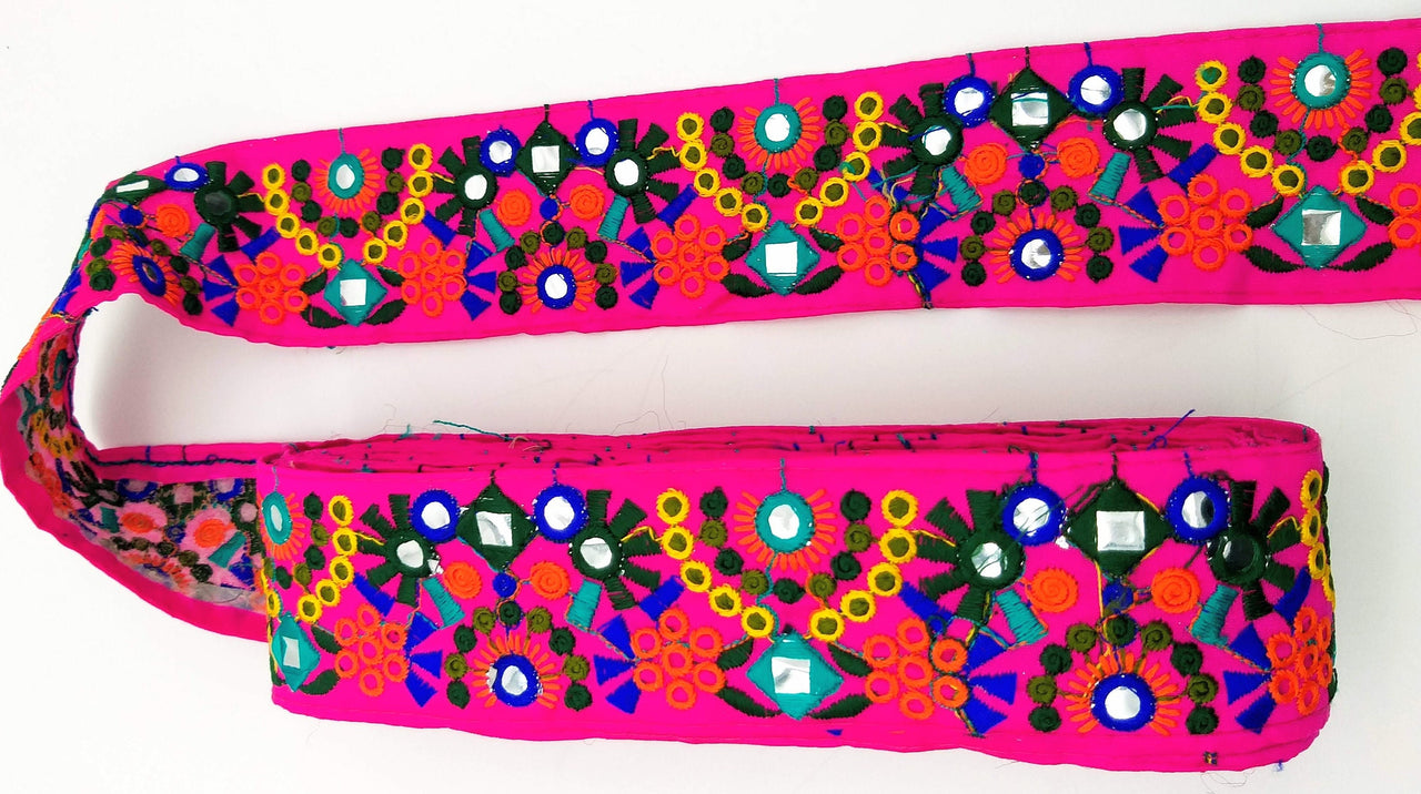 Fuchsia Pink Indian Mirror Trim Floral Embroidered Trim Lace, Sari Border 60 mm Wide, Trim By Yard