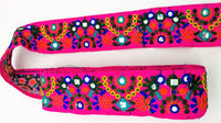 Thumbnail for Fuchsia Pink Indian Mirror Trim Floral Embroidered Trim Lace, Sari Border 60 mm Wide, Trim By Yard