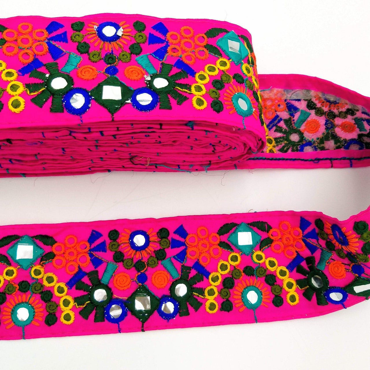 Fuchsia Pink Indian Mirror Trim Floral Embroidered Trim Lace, Sari Border 60 mm Wide, Trim By Yard