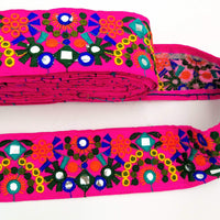 Thumbnail for Fuchsia Pink Indian Mirror Trim Floral Embroidered Trim Lace, Sari Border 60 mm Wide, Trim By Yard