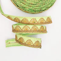 Thumbnail for Pastel Green Art Silk Trim with Gold Embroidery and Sequins Indian Sari Border Trim By 3 Yards Decorative Trim Craft Lace