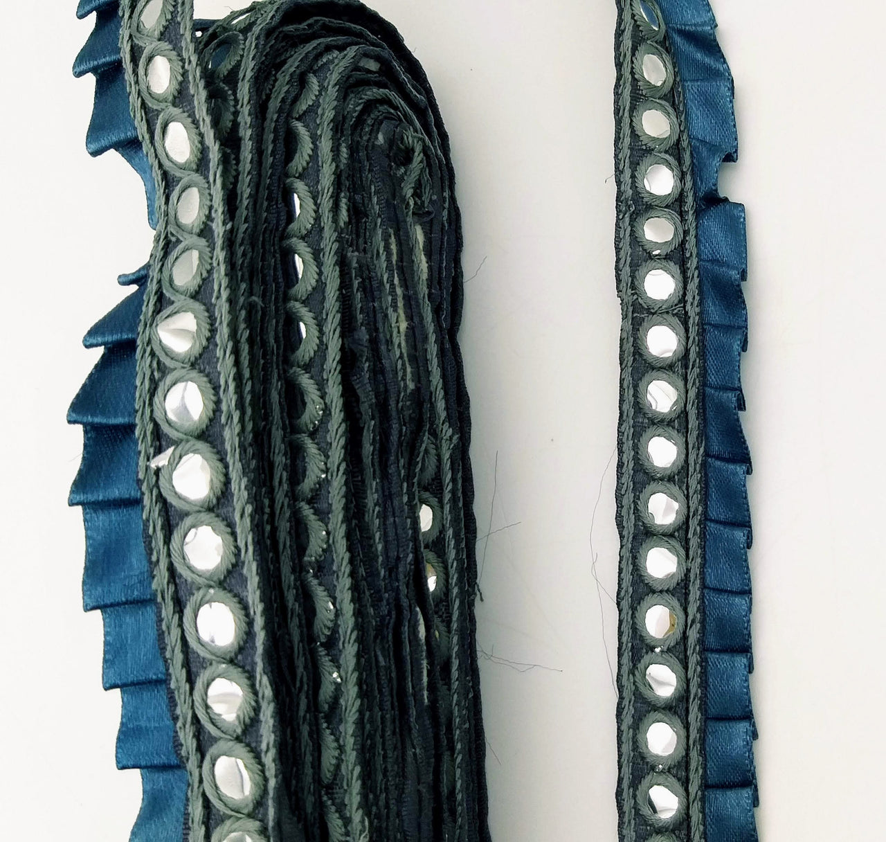 Grey Satin Pleated Lace Trim, Mirrored Fringe Trimming, Approx. 30mm wide