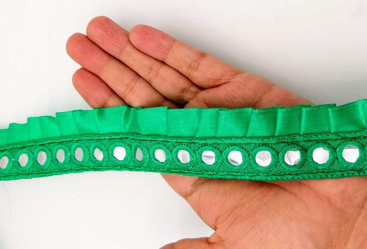 Jade Green Satin Pleated Lace Trim, Mirrored Fringe Trimming, Approx. 30mm wide