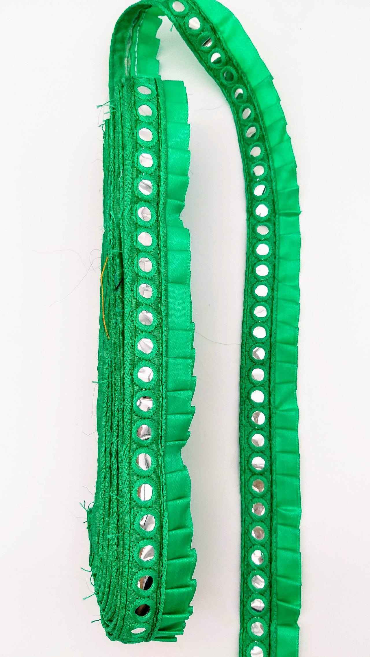 Jade Green Satin Pleated Lace Trim, Mirrored Fringe Trimming, Approx. 30mm wide