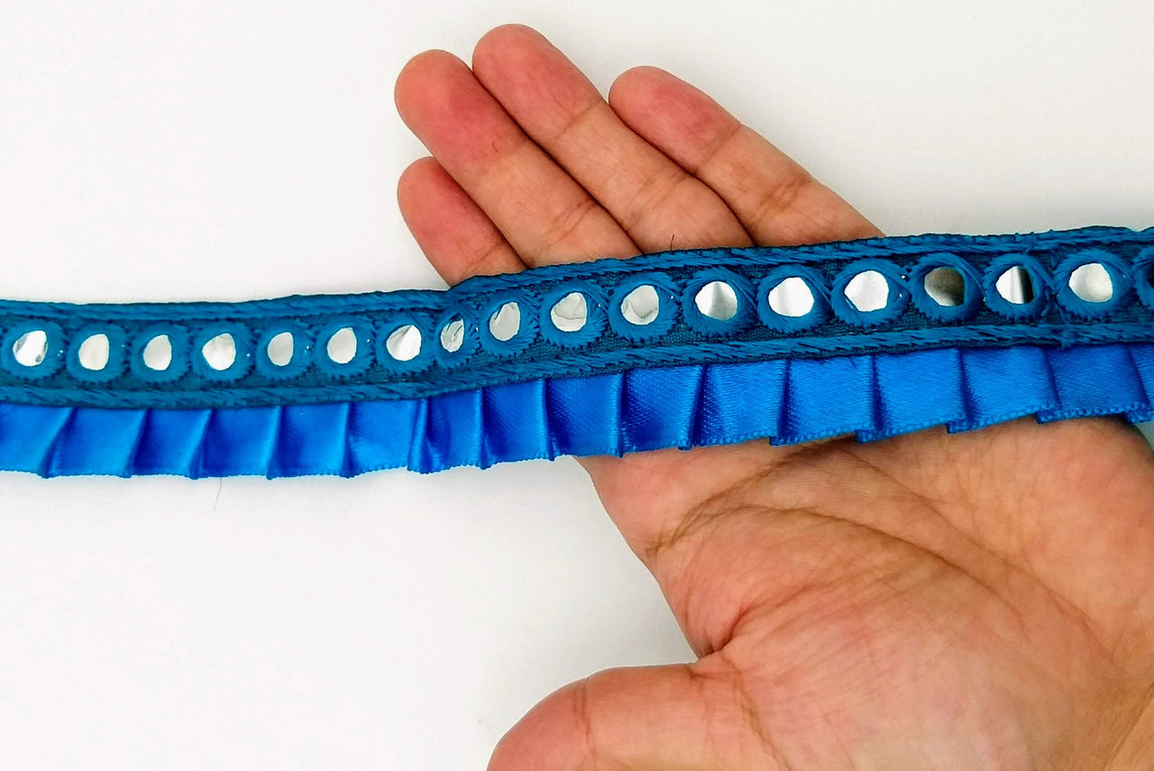 Blue Satin Pleated Lace Trim, Mirrored Fringe Trimming, Approx. 30mm wide