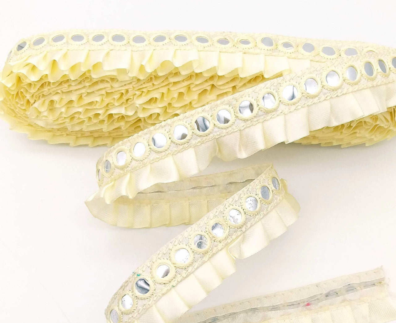 Off White Satin Pleated Lace Trim, Mirrored Fringe Trimming, Approx. 30mm wide