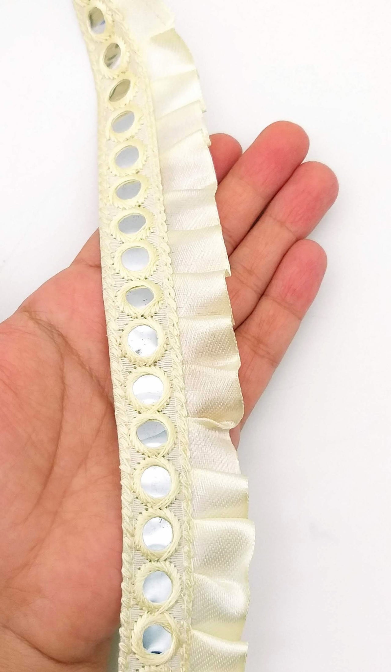 Off White Satin Pleated Lace Trim, Mirrored Fringe Trimming, Approx. 30mm wide