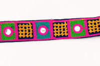 Thumbnail for Indian Navy Blue Cotton Fabric Mirror Trim Embroidered in Pink, Yellow, Green and Cyan