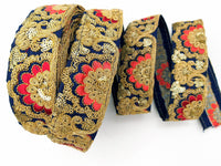 Thumbnail for Navy Blue Art Silk Trim With Intricate Floral Embroidery With Sequins, Lace Trim, Indian Lace Trim