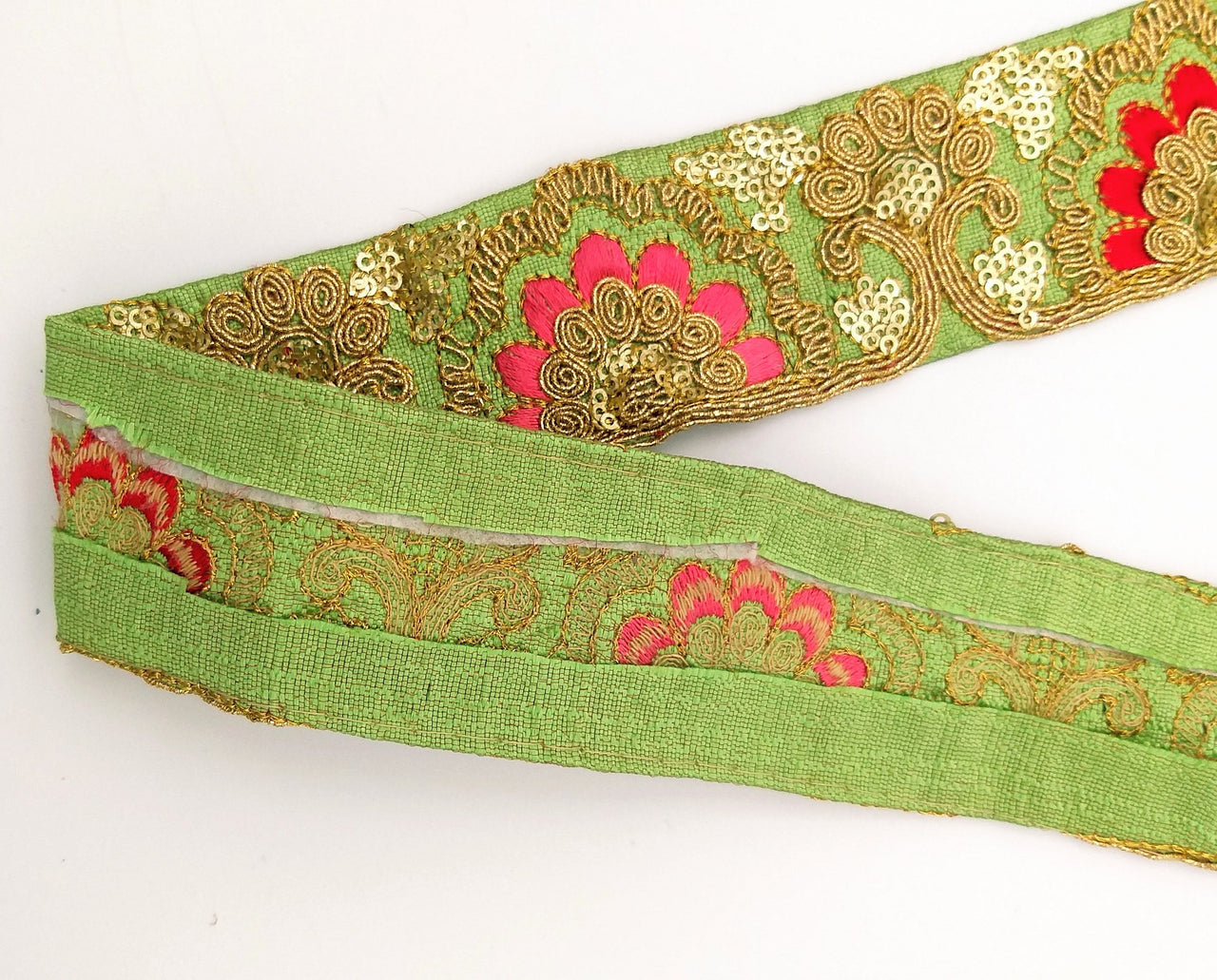 Green Art Silk Trim With Intricate Floral Embroidery With Sequins, Lace Trim, Indian Lace Trim
