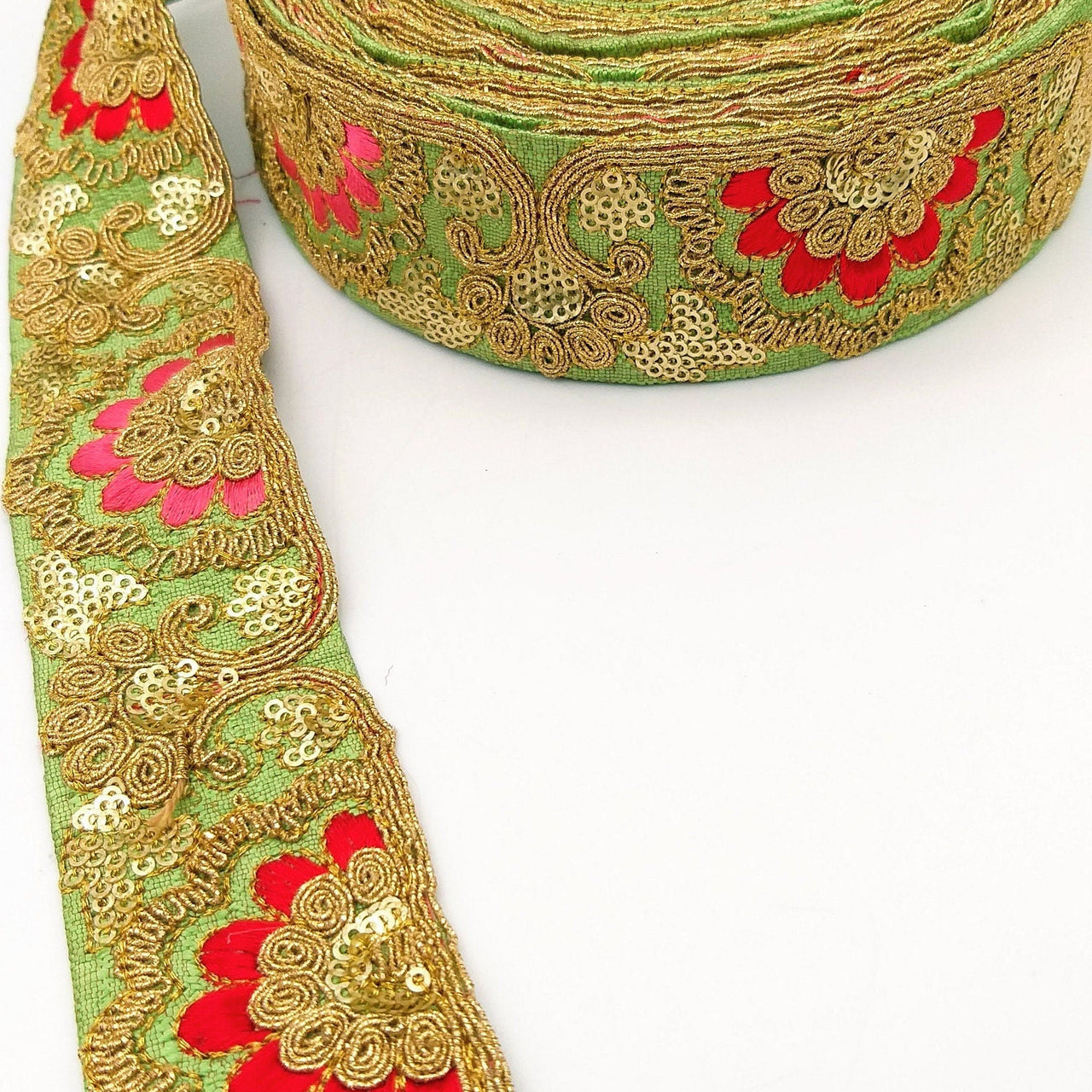 Green Art Silk Trim With Intricate Floral Embroidery With Sequins, Lace Trim, Indian Lace Trim