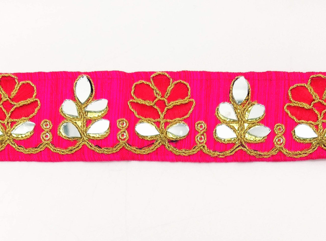 Fuchsia Pink Silk Trim With Mirrors Embellishments and Gold Embroidery, Approx. 38mm Wide, Decorative Trim Costume Trim Floral Trim By Yard