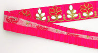 Thumbnail for Fuchsia Pink Silk Trim With Mirrors Embellishments and Gold Embroidery, Approx. 38mm Wide, Decorative Trim Costume Trim Floral Trim By Yard