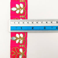 Thumbnail for Fuchsia Pink Silk Trim With Mirrors Embellishments and Gold Embroidery, Approx. 38mm Wide, Decorative Trim Costume Trim Floral Trim By Yard