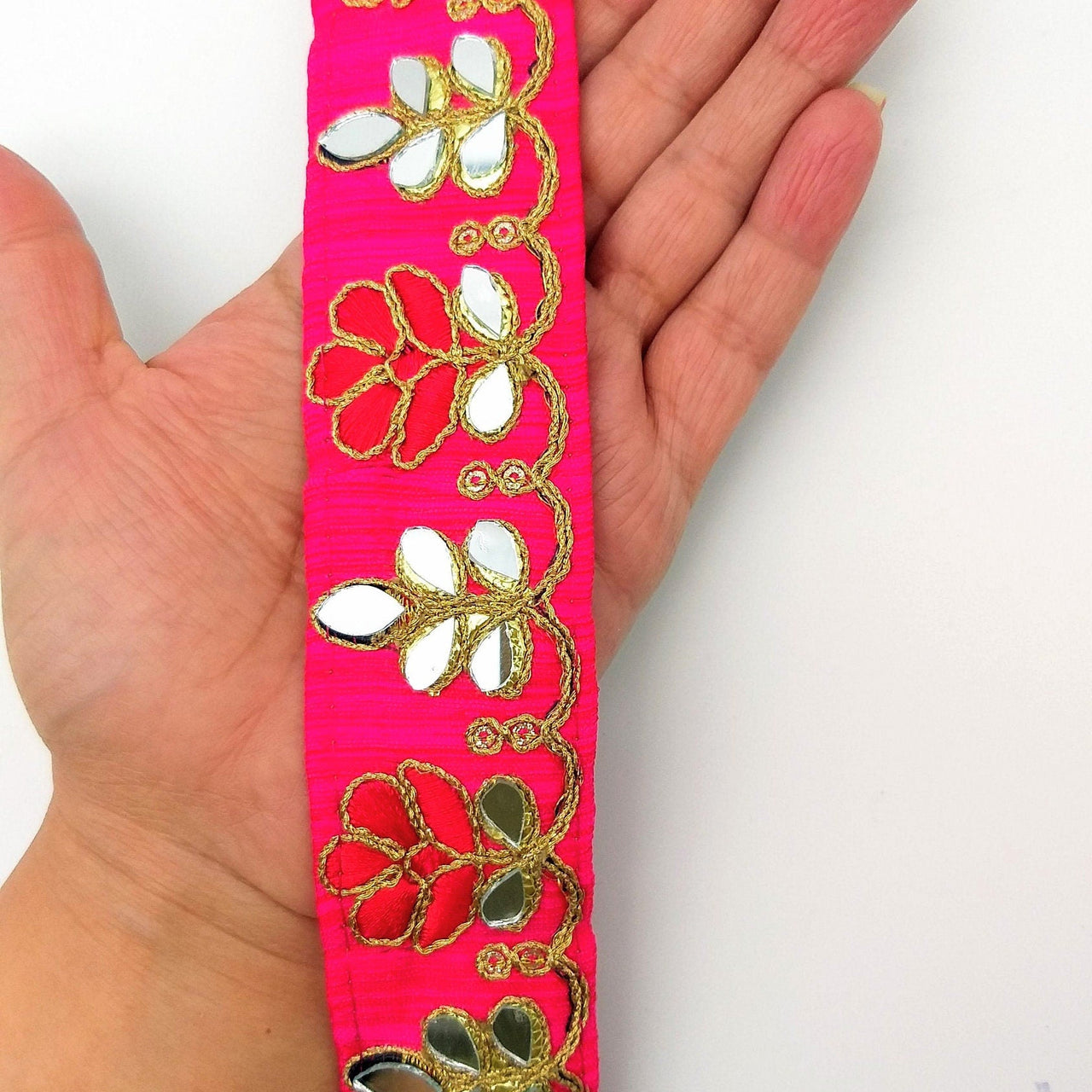 Fuchsia Pink Silk Trim With Mirrors Embellishments and Gold Embroidery, Approx. 38mm Wide, Decorative Trim Costume Trim Floral Trim By Yard