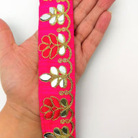 Thumbnail for Fuchsia Pink Silk Trim With Mirrors Embellishments and Gold Embroidery, Approx. 38mm Wide, Decorative Trim Costume Trim Floral Trim By Yard