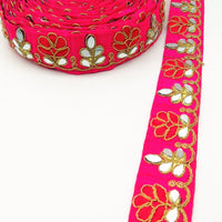 Thumbnail for Fuchsia Pink Silk Trim With Mirrors Embellishments and Gold Embroidery, Approx. 38mm Wide, Decorative Trim Costume Trim Floral Trim By Yard