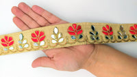 Thumbnail for Beige Silk Trim With Mirrors Embellishments and Gold Embroidery, Approx. 38mm Wide, Decorative Trim Costume Trim Floral Trim By Yard