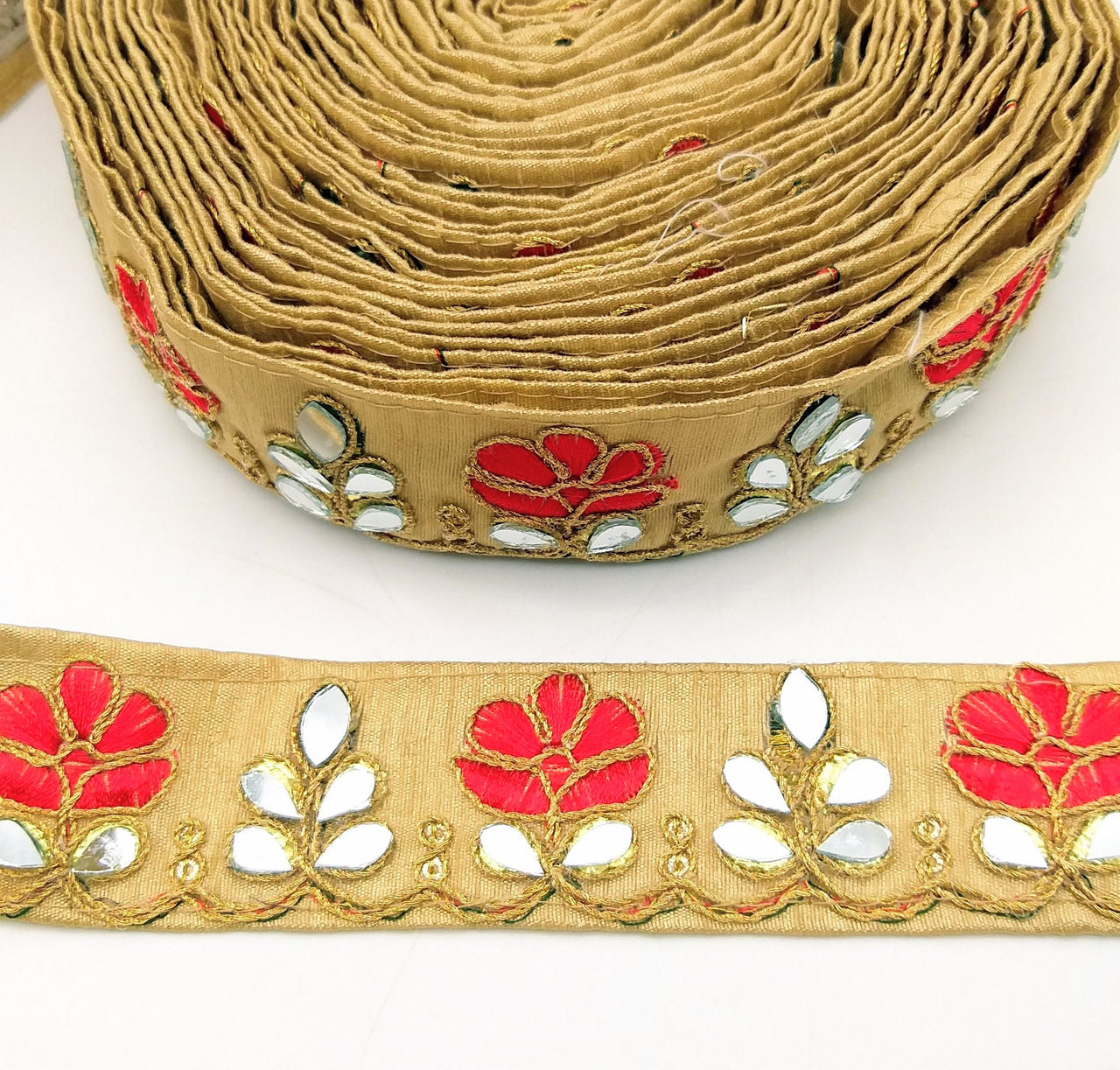 Beige Silk Trim With Mirrors Embellishments and Gold Embroidery, Approx. 38mm Wide, Decorative Trim Costume Trim Floral Trim By Yard