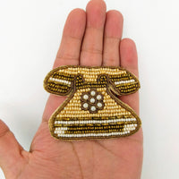 Thumbnail for Retro Telephone Beaded Applique, Hand Embroidered In Beige, Bronze And Beige Beads