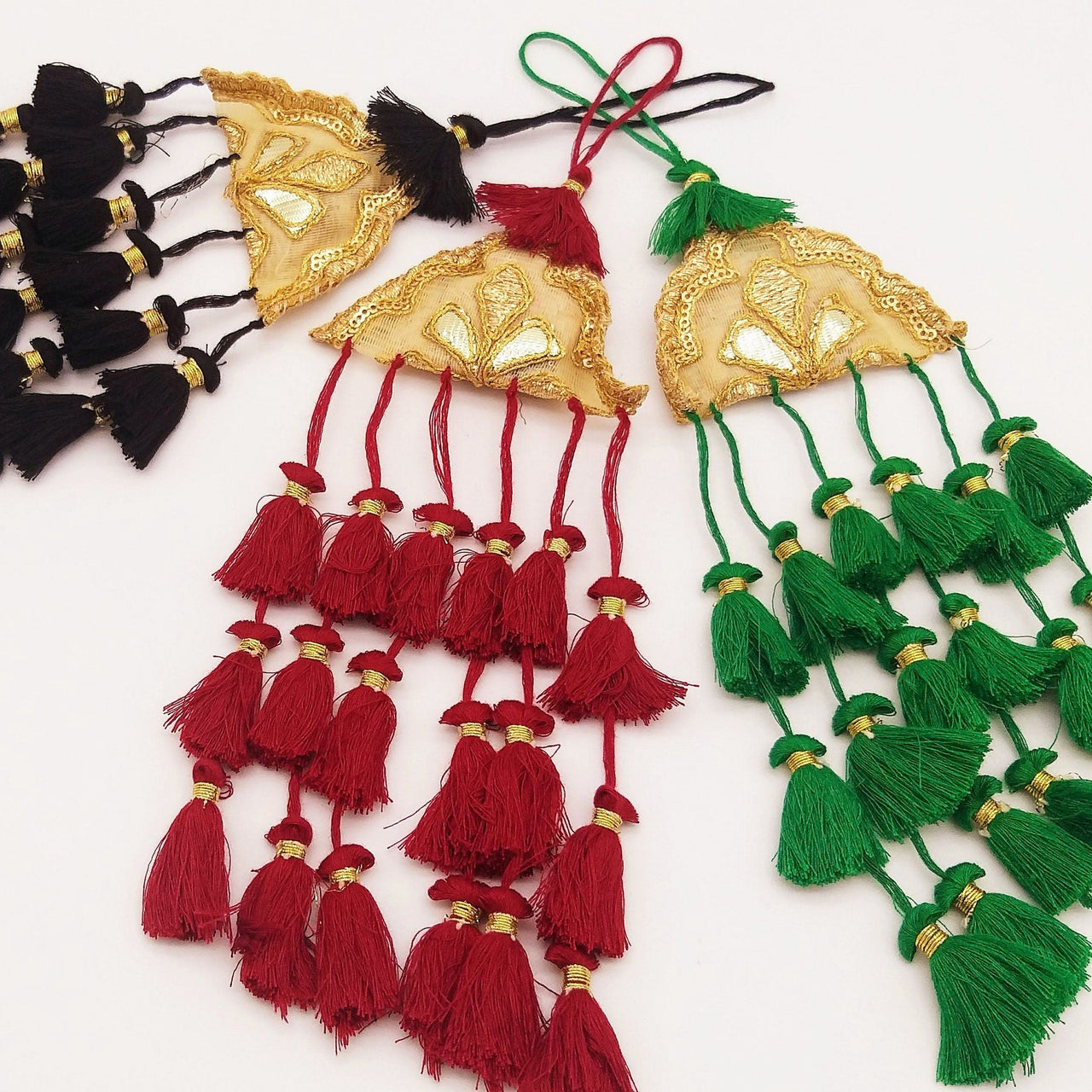 Gold Hand Embroidered Black Tassels Latkans, Tiered Tassels, Boho Chic Tassels