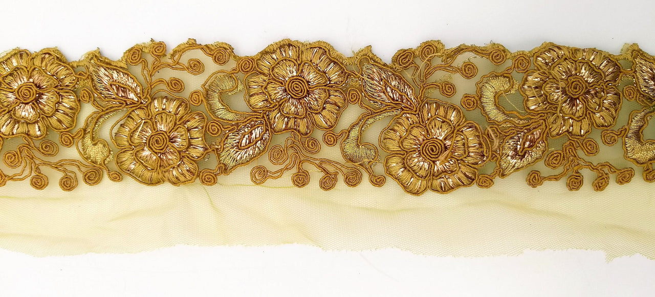 Yellow Ochre Net Fabric Lace Trim with Floral Embroidery, Lace Trim, Sari Border