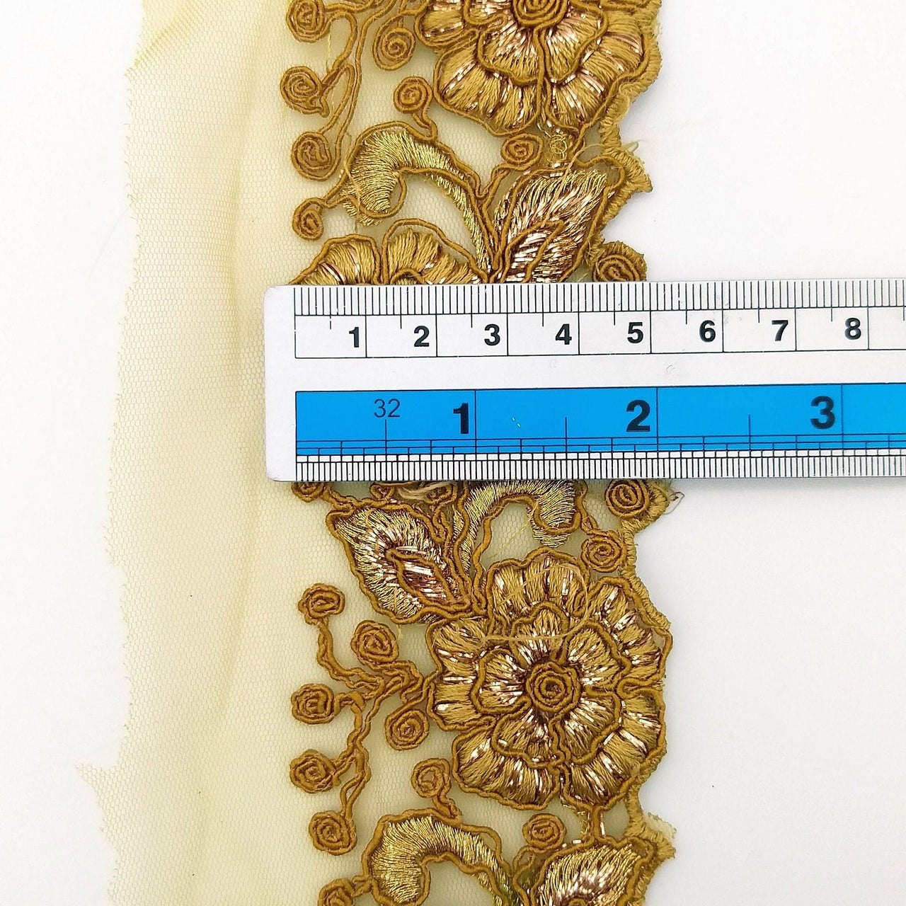 Yellow Ochre Net Fabric Lace Trim with Floral Embroidery, Lace Trim, Sari Border