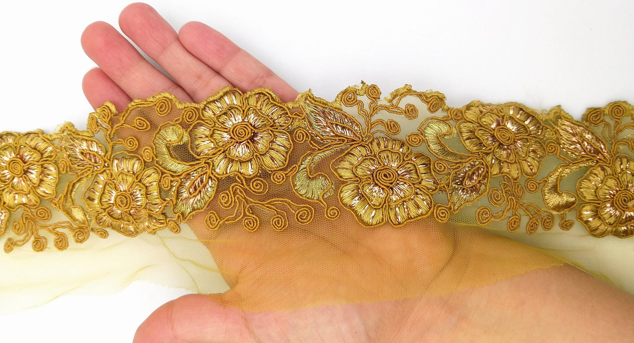 Yellow Ochre Net Fabric Lace Trim with Floral Embroidery, Lace Trim, Sari Border