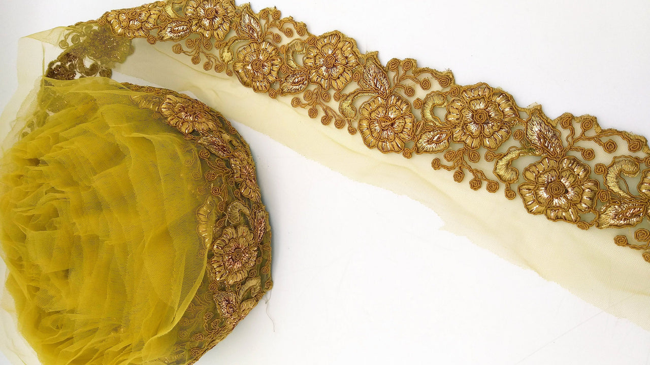 Yellow Ochre Net Fabric Lace Trim with Floral Embroidery, Lace Trim, Sari Border