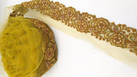 Thumbnail for Yellow Ochre Net Fabric Lace Trim with Floral Embroidery, Lace Trim, Sari Border