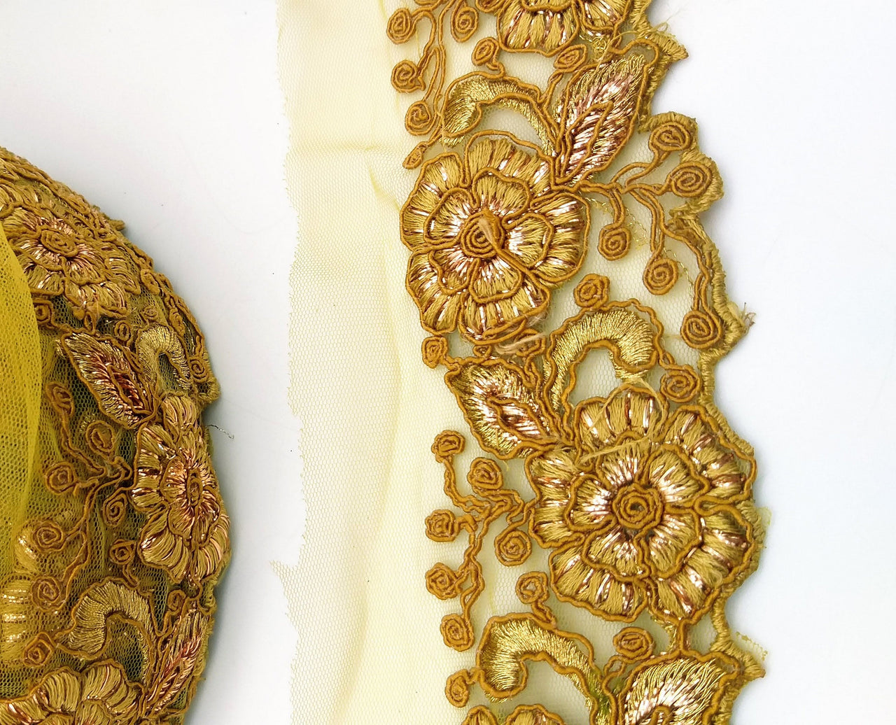 Yellow Ochre Net Fabric Lace Trim with Floral Embroidery, Lace Trim, Sari Border