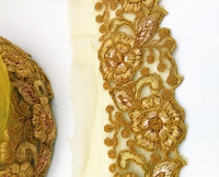 Thumbnail for Yellow Ochre Net Fabric Lace Trim with Floral Embroidery, Lace Trim, Sari Border