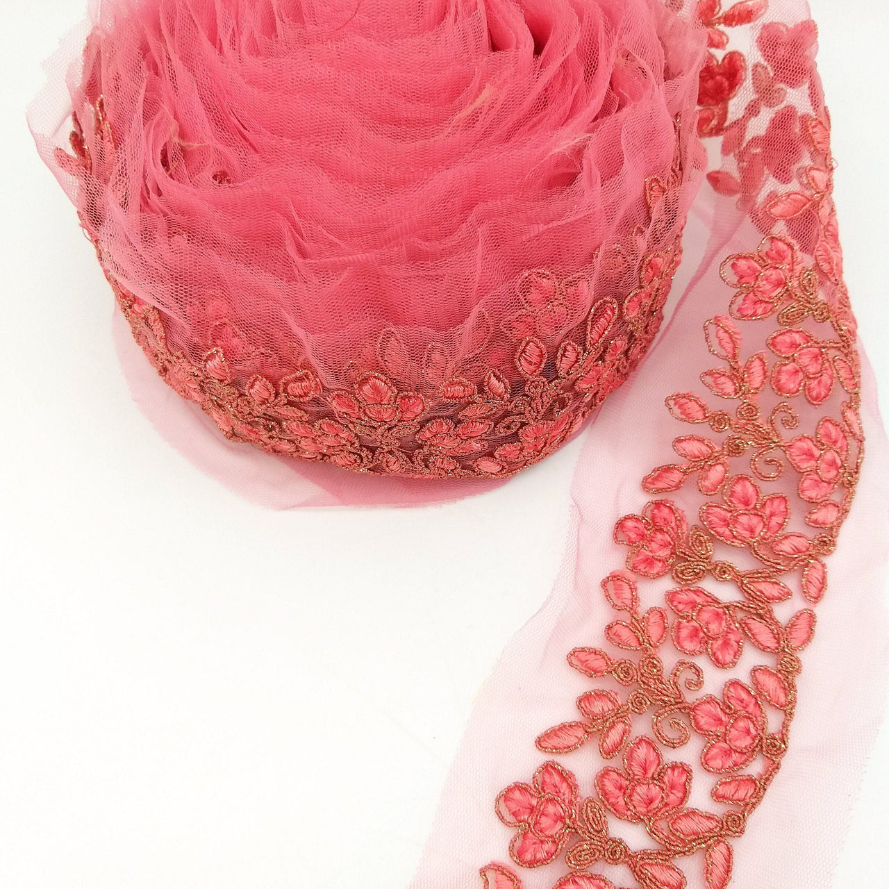 Pink Net Fabric Lace Trim with Floral Embroidery, Lace Trim, Sari Border
