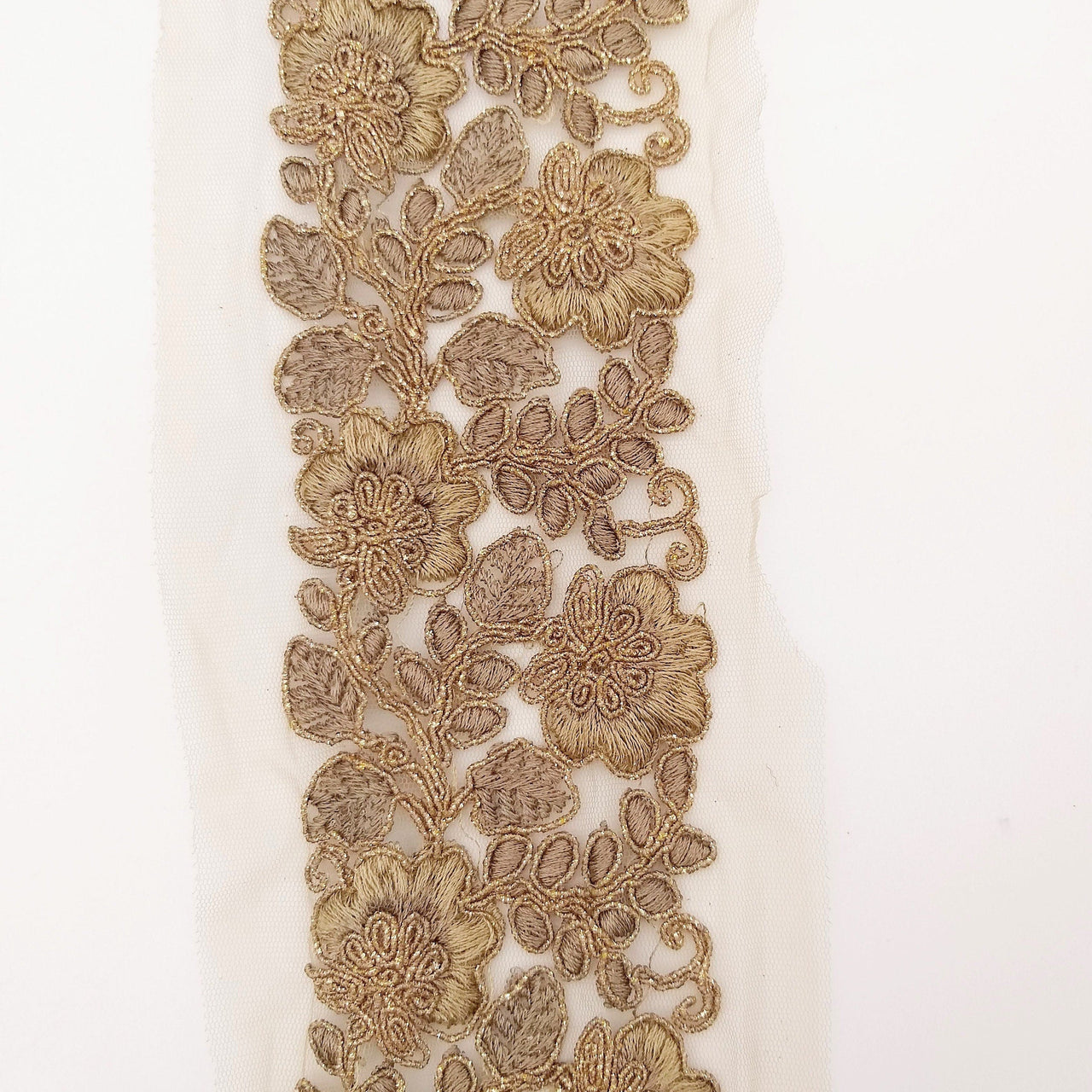 Grey Net Fabric Lace Trim with Floral Embroidery, Lace Trim, Sari Border