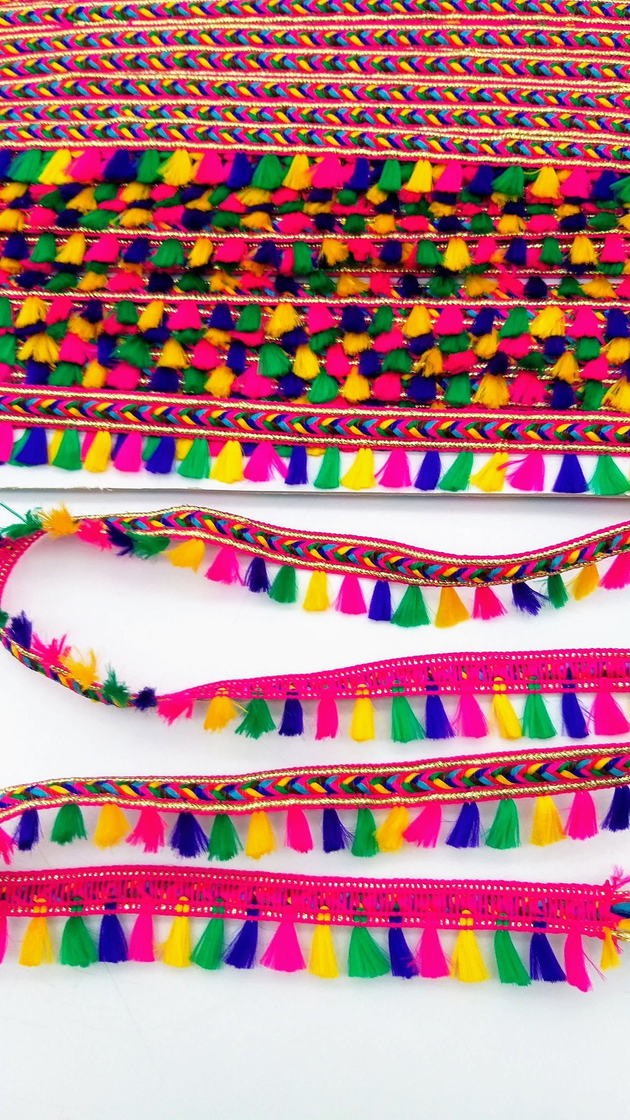 Pink And Multicoloured Braided Fringe Thread Lace Trim, Rainbow Tassels Trim, Fringe Trimming