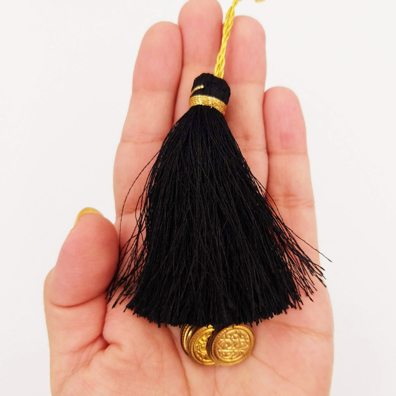 Black Tassels Latkan With Metal Coins, Black Handmade Sewing Latkans, Black And Gold Latkan