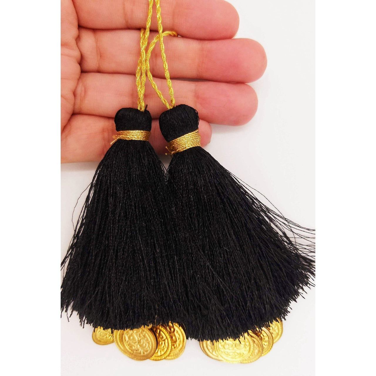 Black Tassels Latkan With Metal Coins, Black Handmade Sewing Latkans, Black And Gold Latkan