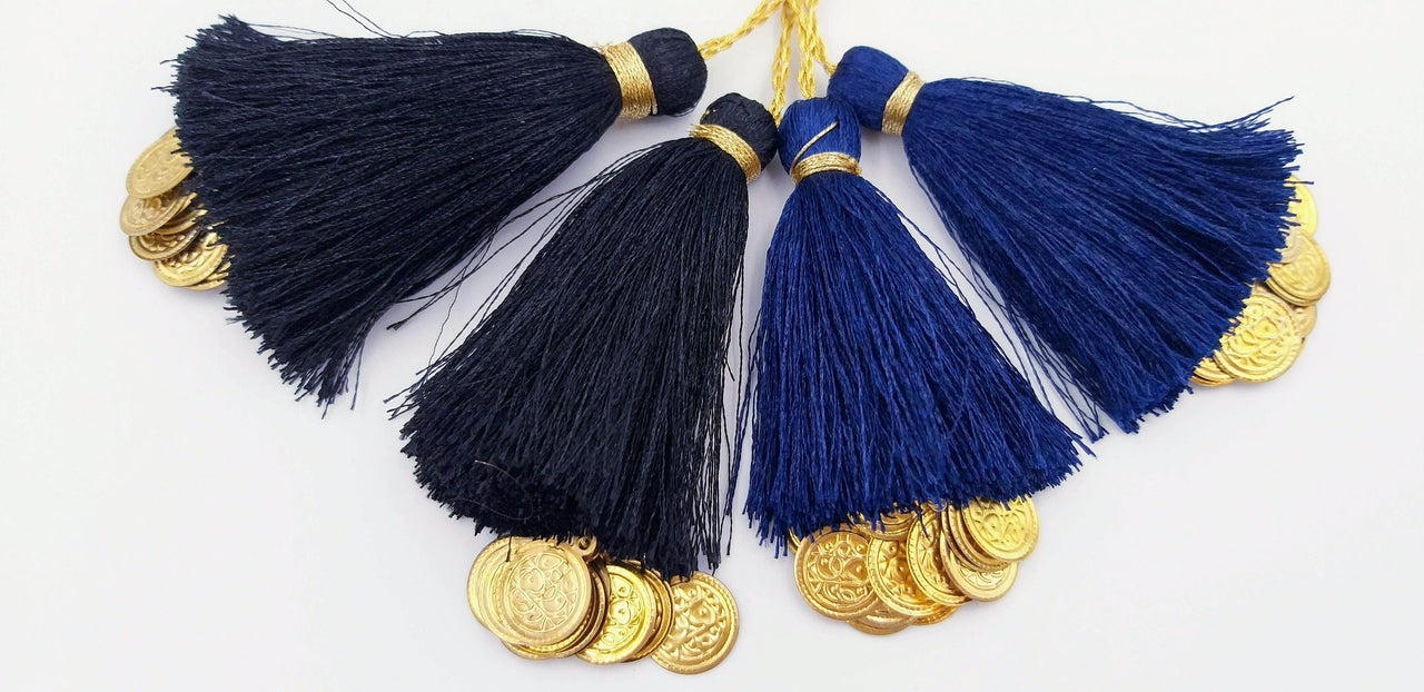 Black Tassels Latkan With Metal Coins, Black Handmade Sewing Latkans, Black And Gold Latkan