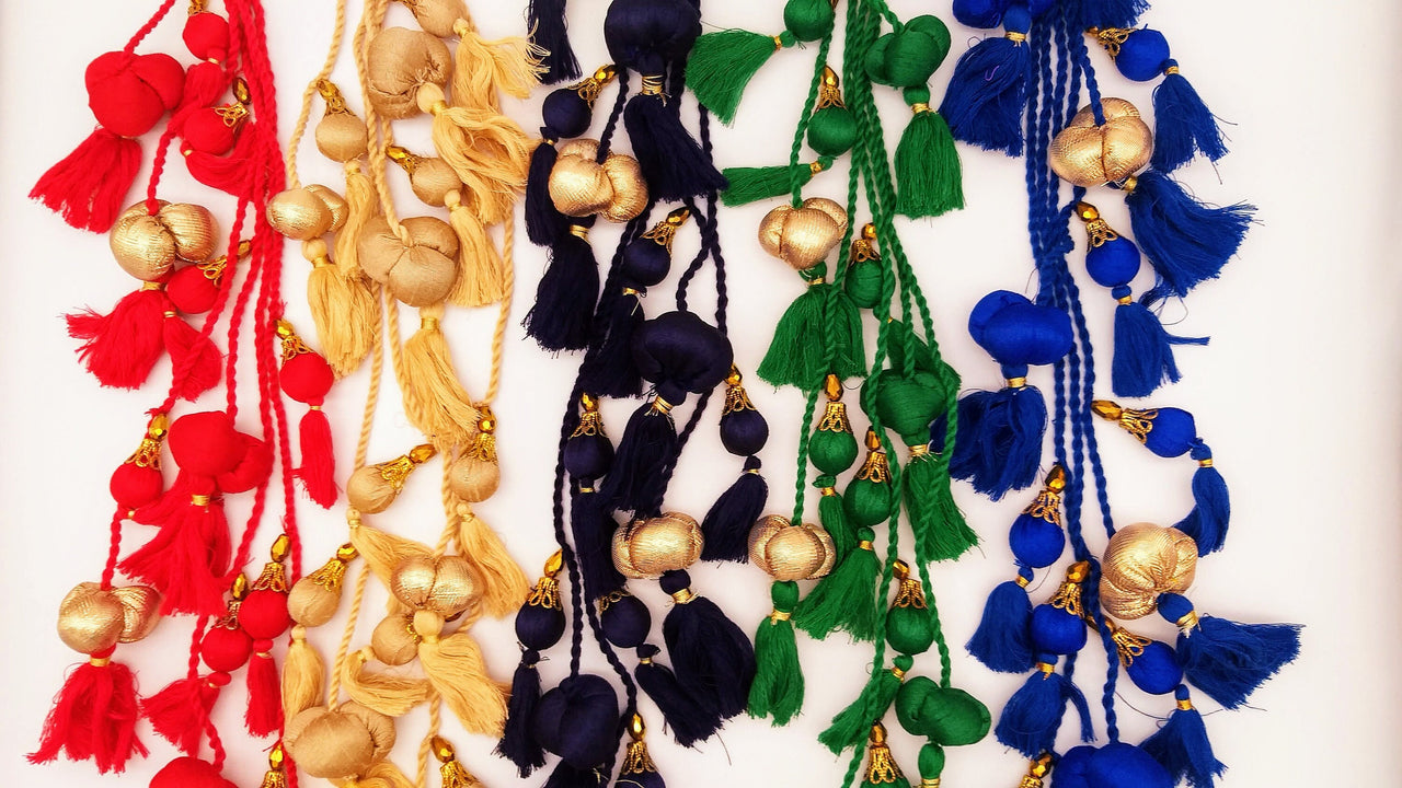 Navy Blue And Gold Fabric Balls Bunch Tassels, Latkan, Embellishments