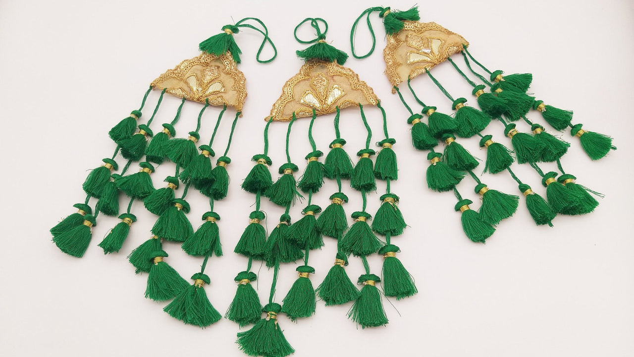 Gold Hand Embroidered Green Tassels Latkans, Tiered Tassels, Boho Chic Tassels