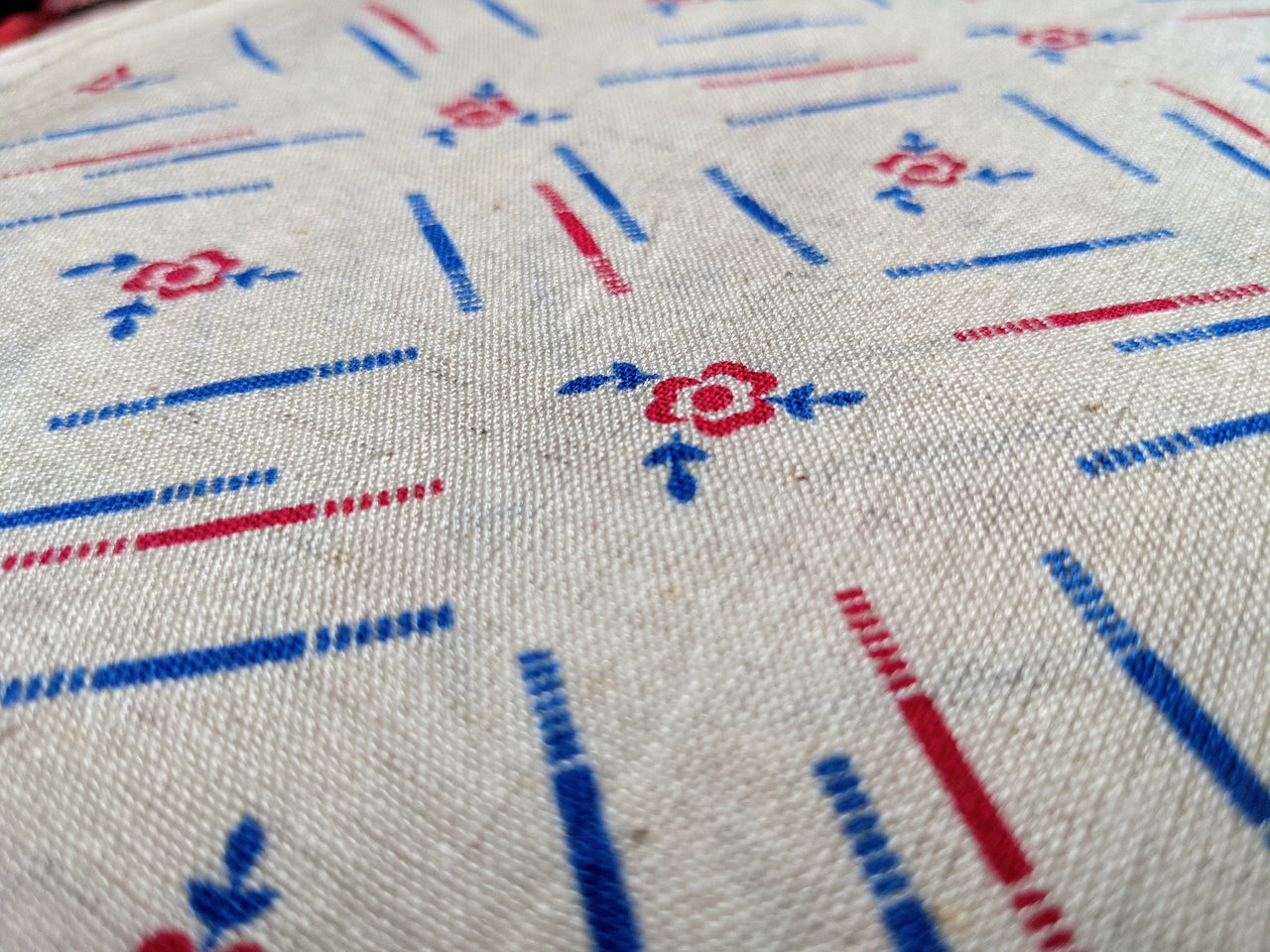 Off White Cotton Fabric In Red and Blue Floral Print, Handloom Fabric, Quilting Fabric